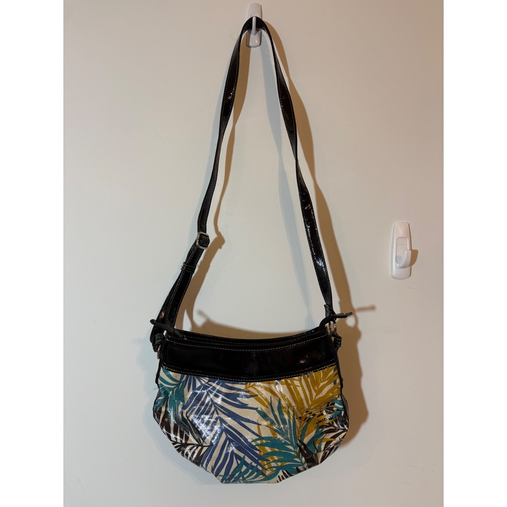 Easy Spirit Tropical Palm Leaf Print Crossbody Bag Black Patent Trim Multicolor